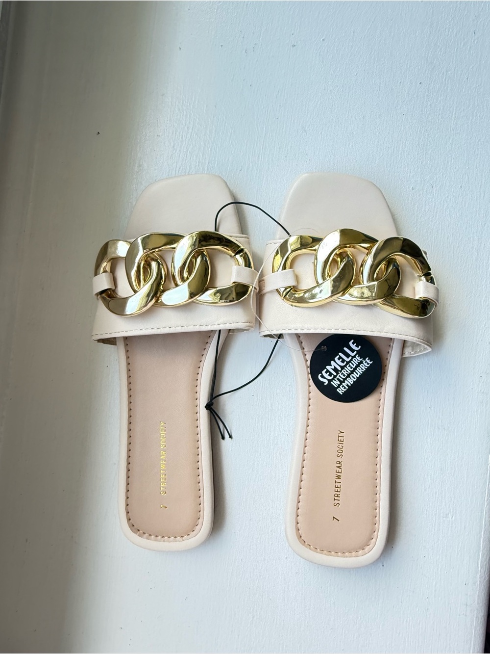 Streetwear Society Cream Slide Sandals with Large Gold Chain